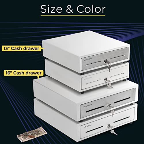 Volcora 13" Cash Register Drawer for Point of Sale System with 4 Bill 5 Coin Cash Tray, White & Stainless Steel Front Cash Drawers, Removable Coin Compartment, 12-24V, RJ11/RJ12 Key-Lock, Media Slot
