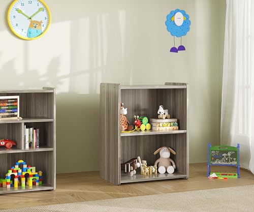 Tot Mate Single-Sided 2-Shelf Storage Cabinet for Kids and Toddlers, Free-Standing Wooden Bookshelf for Classroom, Preschool, 24" W x 30.5" H (Shadow Elm Gray, Ready-to-Assemble)
