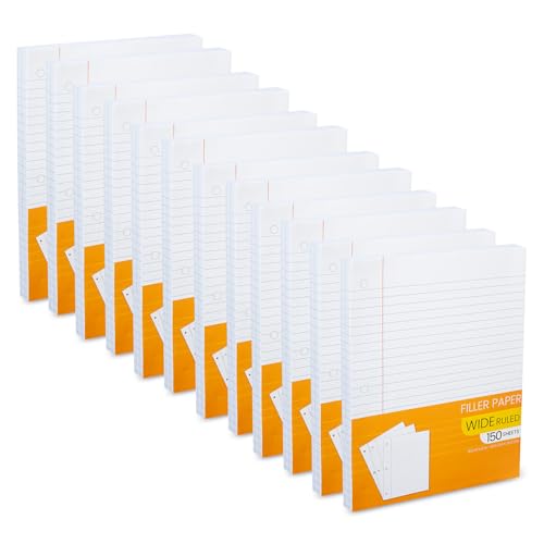 Notebook Paper Wide Ruled, Loose Leaf Paper Wide Ruled Notebook Binder Paper Bulk, Lined Filler Paper for 3 Ring Binders - 10.5” X 8", for Student, College, School - 150 Sheets - (12 Pack)
