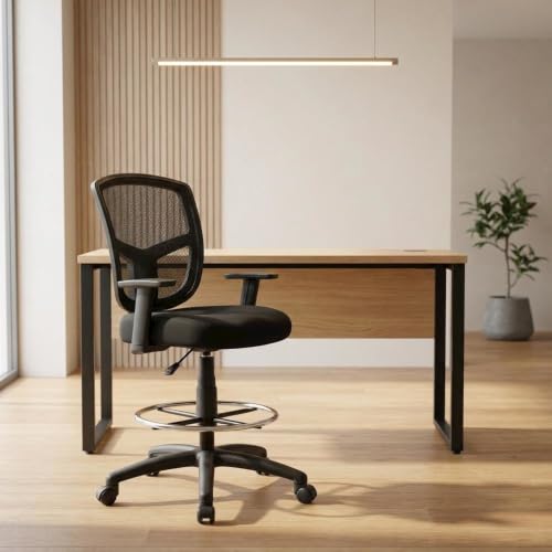 Bison office Mesh Task Stool with Adjustable Arms, Drafting Chair with Nylon Base and Dual-Wheel Casters for Standing Desk and Home Office