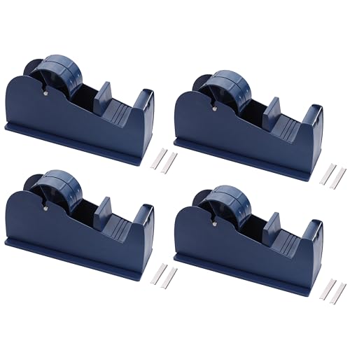 JDS 4 Pack Desktop Industrial Metal Tape Dispensers (8 Replacement Blades) - Pull and Tear Heavy-Duty Weighted Non-Skid Adhesive Roll Holder for Office, Home, School, Gift-Wrapping, and Craft Use
