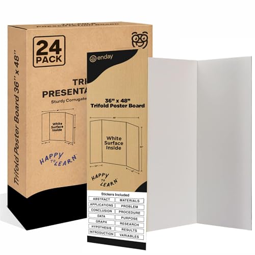 White Trifold Presentation Board 36" x 48" (Pack of 24) Self-Adhesive Science Subtitles Included - Display Exhibition Board Lightweight and Portable with Smooth Surface - by Emraw