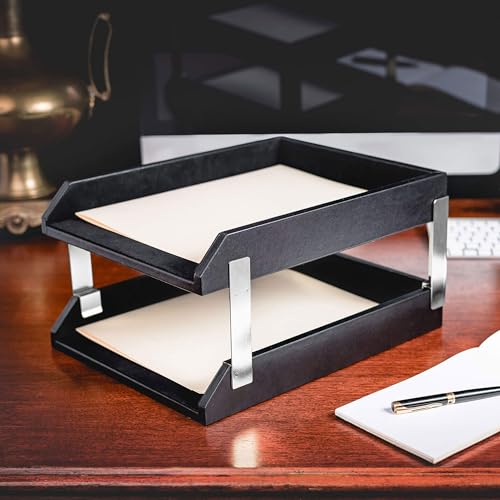 Dacasso Classic Black Leather Front-Load Double Letter Tray Set w/Silver Stacking Posts - Luxury Executive Decor and Office Essential - Desk Surface Protector