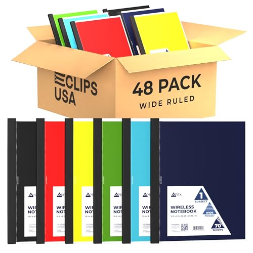 E-CLIPS USA Non Spiral Notebook, 1 Subject, Wide Ruled Notebook, Journal Notebook, Notebooks Bulk, School Supplies, Perforated Edges, 6 Colors, 70 Sheets (48, Wide Ruled)