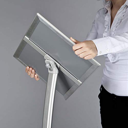 M&T Displays Curved Menu Board, 11x17 Inch Pedestal Sign Holder with 8.5x11 Inch Brochure Holder Silver Floor Standing Aluminum Front Loading Easy Open Poster Message Advertisement Post