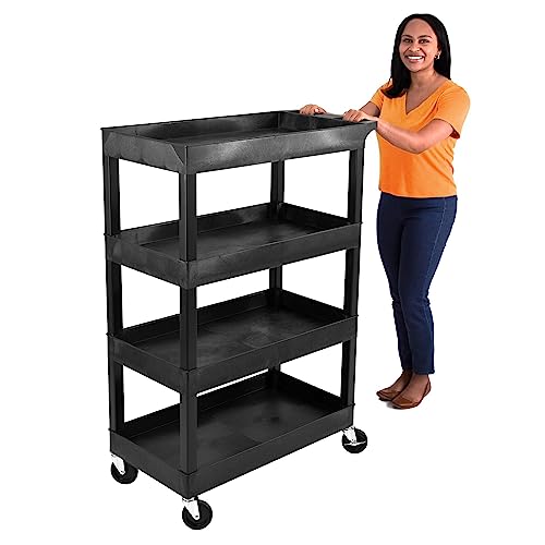 Stand Steady Tubstr 4 Shelf Utility Cart Supports Up to 300 lbs - Heavy-Duty Plastic Service Push Cart with Deep Shelves and 4" Casters, for Offices, Warehouse Storage, Garage (Black, 35 x 18 x 50)