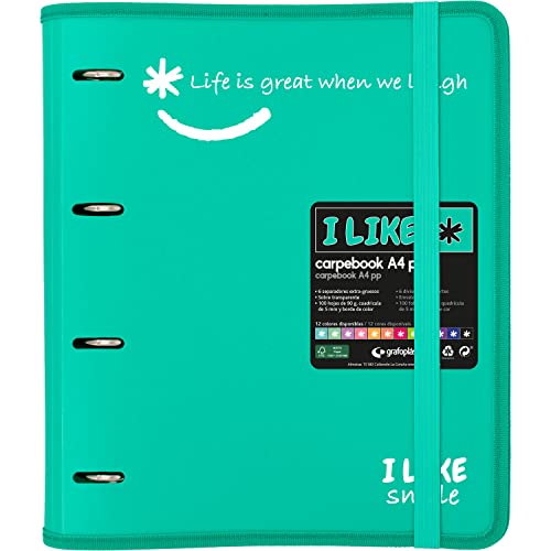 Grafoplás 88101836 4 Ring Binder with Refill, A4, Turquoise, Semi-Rigid Polypropylene, Including Dividers, Carpebook Like