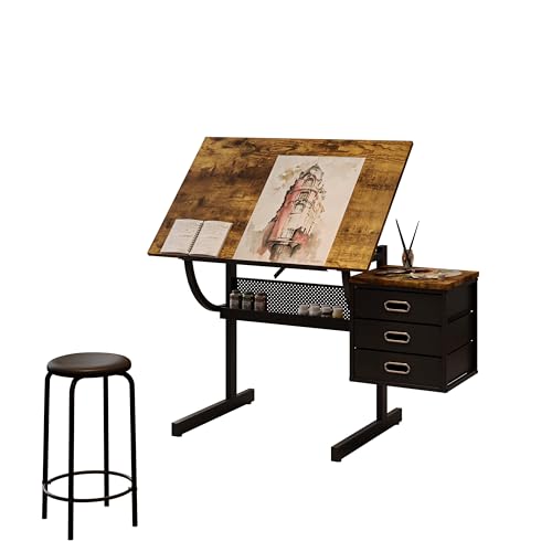 HRVEOCEI Drafting Table Desk with 2 Fabric Drawers, Art Desk with Storage & 4 Wheels, Art Table for Adults with Two 24" Pencil Ledge for Holding Paints, Pens, Adjusted 0-75 Degrees (Brown - 0-75)