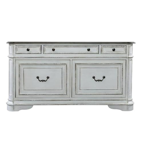 Bison office Antique White Credenza, European Traditional Style, Rubberwood Solids, White Oak and Birch Veneers, Ample Storage, Durable Construction