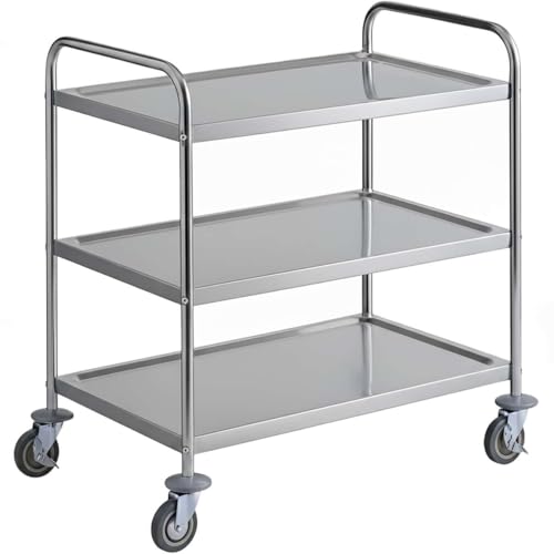 Commercial Stainless Steel 3 Shelf Utility Cart 34" x 21" x 37" - 24 Gauge Rolling Serving and Transport Cart with Dual Handles and Swivel Casters for Restaurant, Hotel, Catering, Cafeteria