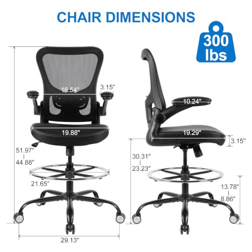Drafting Chair Tall Office Chair 300lbs Ergonomic Standing Desk Chair with Lumbar Support and Adjustable Footrest Ring, Comfy Mesh Rolling Chair with Flip-up Armrests, Black