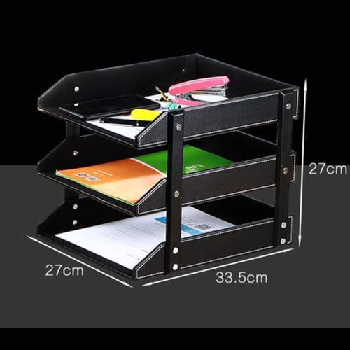 MNBVH File Racks Letter Trays File Racks 3-Layer Removable Wood PU Leather Desktop Filing Document Tray Stackable Document Tray(Color:B)