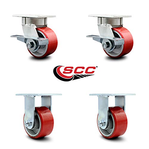 Heavy Duty Kingpinless Swivel Caster Set of 4 with 4 Inch Red Poly on Cast Iron Wheels and Ball Bearings - Includes 2 Swivel with Brakes and 2 Rigid - 2,800 lbs. Total Capacity - Service Caster Brand