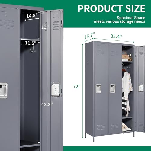 IKIMI 3 Doors Metal Storage Locker for Employee,72" Sports Staff Lockers