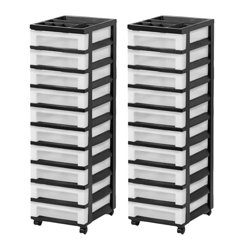 IRIS USA 2 Pack 10-Drawer Plastic Rolling Storage Cart Organizer with Wheels and Drawers for Craft Supplies, Office, Classroom and Closet Use, Black
