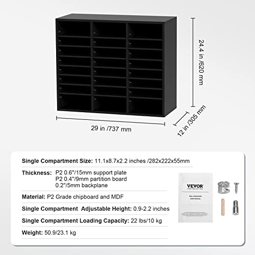 VEVOR Literature Organizers, 24 Compartments Office Mailbox with Adjustable Shelves, Wood Literature Sorter 29x12x24.4 inches for Office, Home, Classroom, Mailrooms Organization, EPA Certified Black