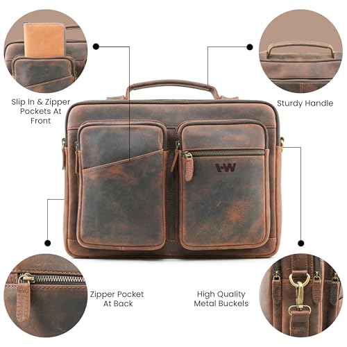 Handmade World Slim Genuine Leather Briefcase For Men Fits 16 Inch Laptop Satchel 'The StatesMan' Computer Messenger Bags For Business Office Work