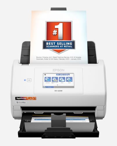 Epson RapidReceipt RR-620W Wireless & USB High-Speed AI & Cloud Ready Desktop Color Duplex Receipt & Document Scanner for Mac & PC, up to 45 ppm, 4.3" Color Touchscreen, 100-Page Auto Document Feeder