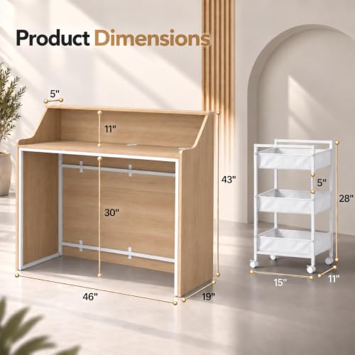 Zevemomo Front Desk Reception Counter with Rolling Cart, Natural+White