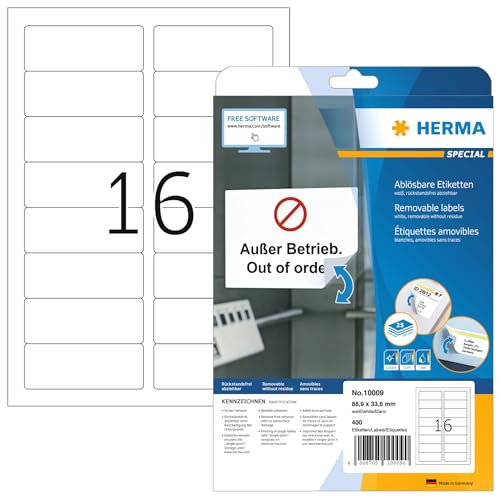Herma Self Adhesive Removable Labels, 400 Labels, 88.9 x 33.8 mm, White, 25 Sheets, Blank Multipurpose Stickers, Ideal for Laser & Inkjet Printers
