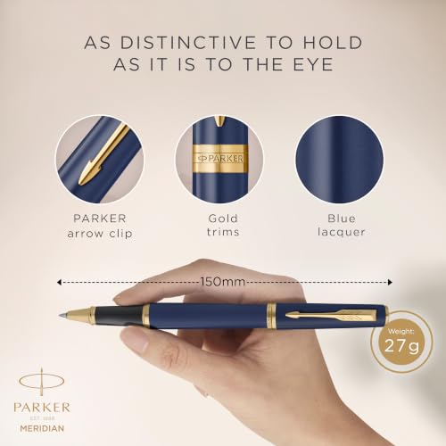 PARKER Meridian Rollerball Pen | Blue Lacquer with Gold Trims | Fine Nib | Handwriting Pens & Stationery Supplies | Black Ink | Luxury Gift Box
