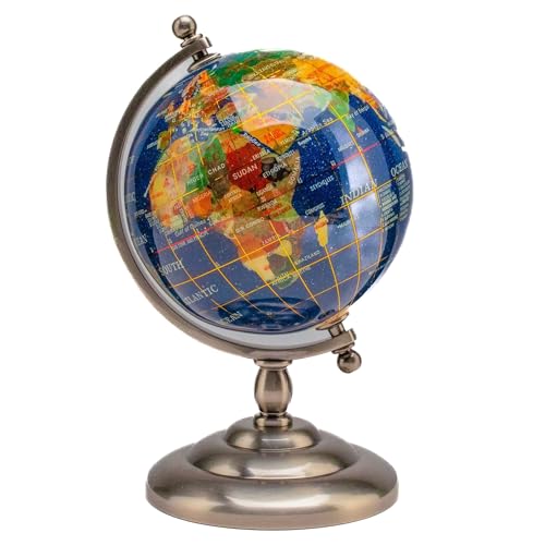 KALIFANO 7” Tall Gemstone Globe with Vibrant Polished Lapis Ocean and Mosaic Crystal Continents - World Globe with Metal Stand for Office & Home Décor