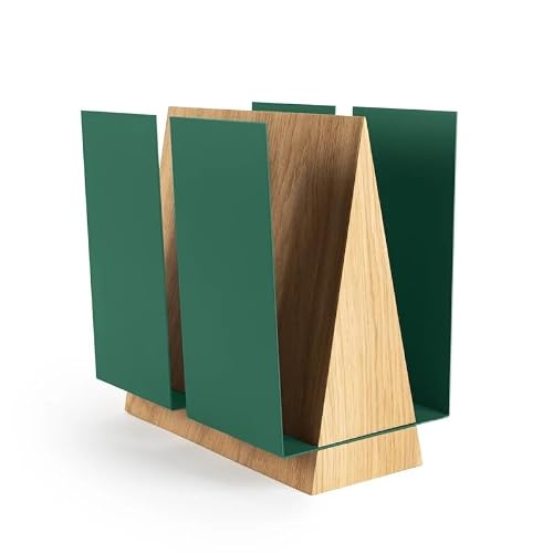SFYVNC Modern Geometric Desk Organizer, Oak Wood & Green Metal Desktop Storage Caddy, Multi-Compartment Office Supplies Holder for Home Office, Study Room, 10x8x6 Inch