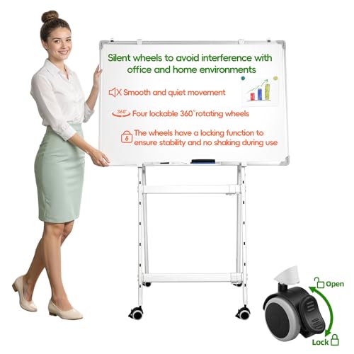 Double-Sided Rolling Whiteboard, Magnetic Mobile Whiteboard with 4 Lockable Swivel Wheels, Height Adjustable Flip Chart Easel Stand, Portable White Board for Home, School & Office Silver 80x120cm