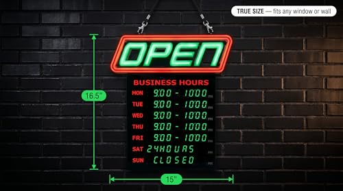 LED Open Sign for Business with Programmable Business Hours — Green Light Innovations Bluetooth App, 4,000+ Color Combos, Flash/Scroll/Neon Modes, 100,000-Hr LEDs, 3-Year Warranty, 15×16.5 in