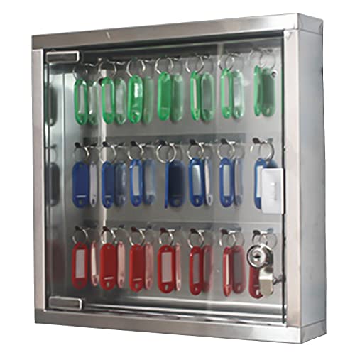 Key Cabinet Key Lock Box Wall Mount, Glass Clear Door, Wall Mounted Stainless Steel Key Storage Box with Keys and Colored Key Labels (Size : 24)
