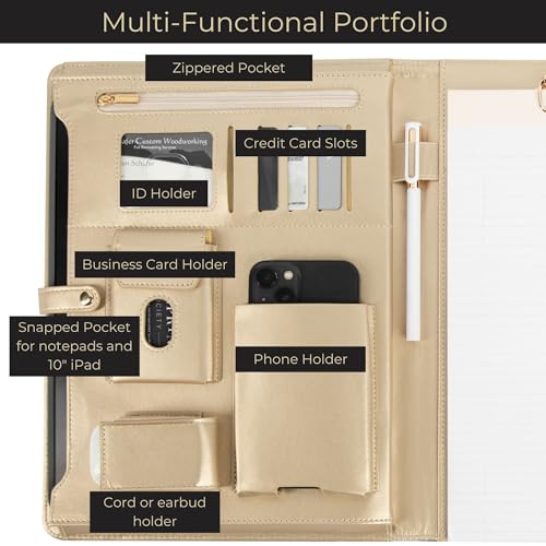 BLU MONACO | Peach Beige Vegan Leather Padfolio | Professional Portfolio Binder with Magnetic Closure and Gold Trim | 8.5 x 11 Business Organizer Case for Women