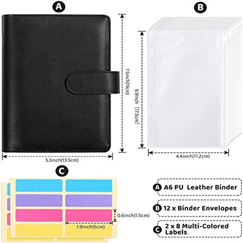 ONMYJFD A6 PU Leather Binder Budget Cash Envelopes System Planner Organizer with 12pcs Binder Clear Zipper Pockets and Label Stickers(C)