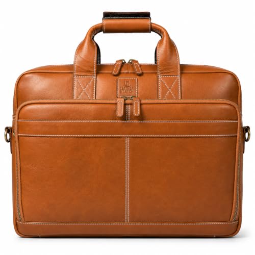 Mens Full Grain Leather Briefcase Fits 16 Inch Laptop, Leather Laptop Messenger Shoulder Satchel, Vintage Professional Work Office Bag - Tan