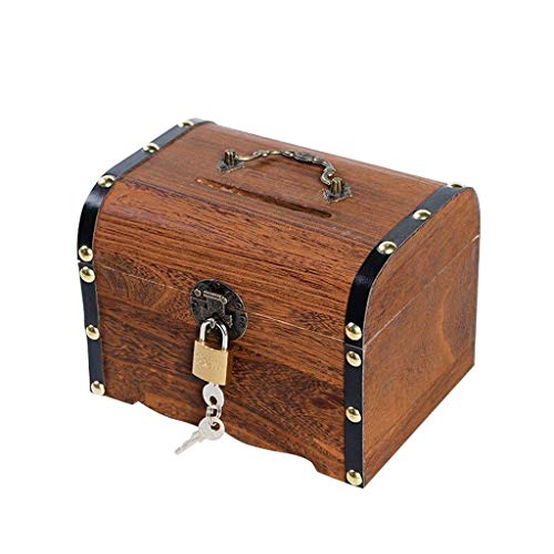 PGNEX Piggy Bank-Wooden Treasure Box Set Keepsake Boxes, Vintage Antique Storage Trunk(12.5 * 13 * 17.5cm)