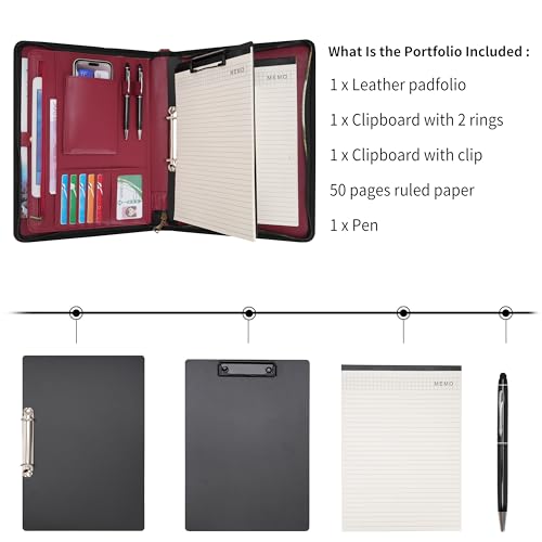 Wason A4 Portfolio with Zipper - Leather PU Padfolio with Detachable Ring Binder and Writing Notepad Holder, Conference File Multi-Pockets Organizer for Office Travel School (Red)