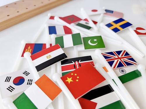 Premium Montessori World Flags Set with 22" Wooden Map- 36 Country Flags, Solid Beechwood, Educational Toy for Kids, Homeschool Classroom Geography Materials(Flags of The World) (Flags of the World)