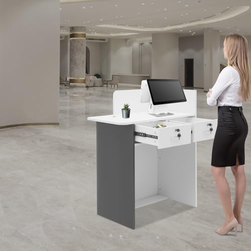 CeRaBuRET Reception Desk with LED Light and 2 Locking Drawers, Modern Front Desk Reception Room Table with Cable Hole, 31.5in Retail Counter for Checkout, Lobby, Beauty Salon