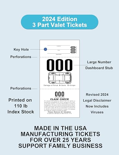 3 Part Valet Parking Tickets, (2,000 Tickets) Valet Tags, 110lb Card Stock White, Car Diagram on Front …