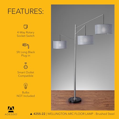 Adesso 7.5FT Tall Brushed Steel Arc Floor Lamp – Tweed Drum Shades, Adjustable Arms, 3 Light Living Room, Bedroom, and Office Lighting