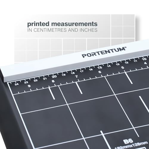 PORTENTUM Guillotine Paper Cutter A4 with Adjustable Magnetic Square and Non-Slip Base – Precision Trimmer with arm Lock and Printed Guides – Cutter Compatible with A4, A5, B5, B6, B7 – 12 Sheets