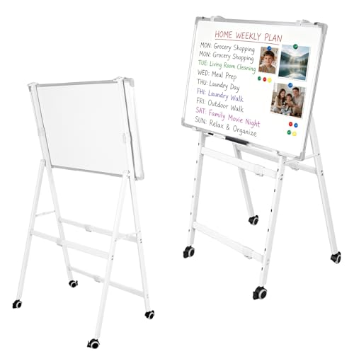 Double-Sided Rolling Whiteboard, Magnetic Mobile Whiteboard with 4 Lockable Swivel Wheels, Height Adjustable Flip Chart Easel Stand, Portable White Board for Home, School & Office Silver 80x120cm