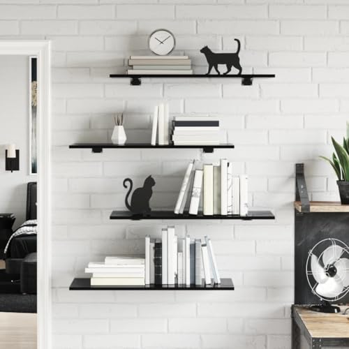 Favemtsl 8 Pcs Wall-Mounted Bookshelf Boards, 31.5 x 11.8 x 0.6 in Engineered Wood Storage Shelves, High Gloss Black Display Boards for Living Room, Kitchen, Home Office (Brackets Not Included)