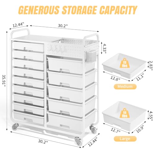 14 Drawer Rolling Storage Cart with Tabletop and Pegboard for Crafts White