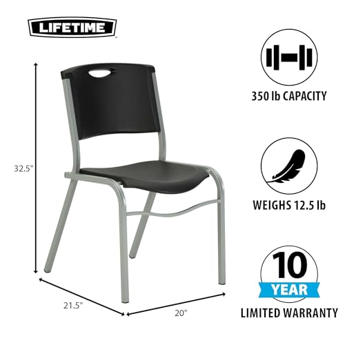 LIFETIME Stacking Chair, 4-Pack, Black Seat with Silver Steel Frame, Durable Commercial Seating