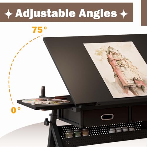 38.58" W Drawing Desk & Art Table for Adults，Tilting Drafting Table with Storage and Stool, Height Adjustable Height Painting Desk with Drawers for Home|Office|Reading|Writing|Crafting (Black)