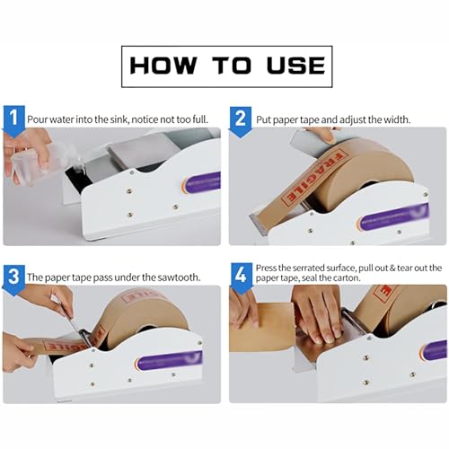 Water-Activated Tape Dispenser, Manual Stainless Steel Kraft Gum Tape Dispenser,Width-Adjustable,for Shipping Box Sealing