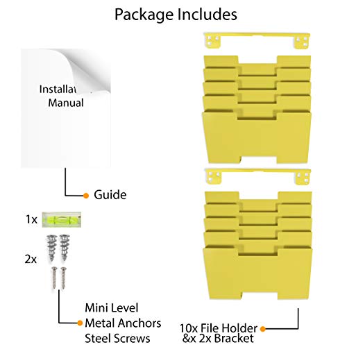 Wallniture Lisbon 10-Tier Metal Wall File Holder Organizer for Organization and Storage, Yellow Office Decor and Magazine Holder