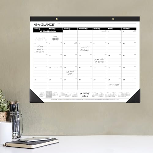 AT-A-GLANCE 2026 Desk Calendar, Desk Pad, Monthly, 21-3/4" x 17", Large, Ruled Blocks, 3 Pack (AZSK240026), White