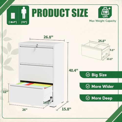 auruge 3-Drawer Lockable Side-Opening File Cabinet for Home & Office
