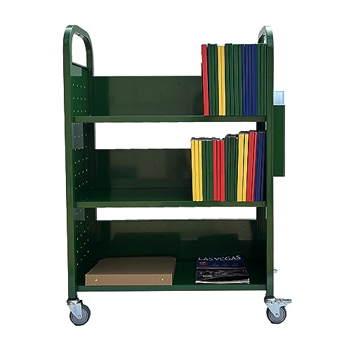 Workington Rolling Book Truck Book Cart with 3 Flat Shelves, Library Book Cart with Swivel Lockable Casters 3001 Green